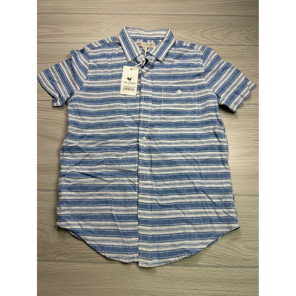 HOPE & HENRY Kids Boys Blue‎ White Stripe Short Sleeve Button Up Shirt Size M